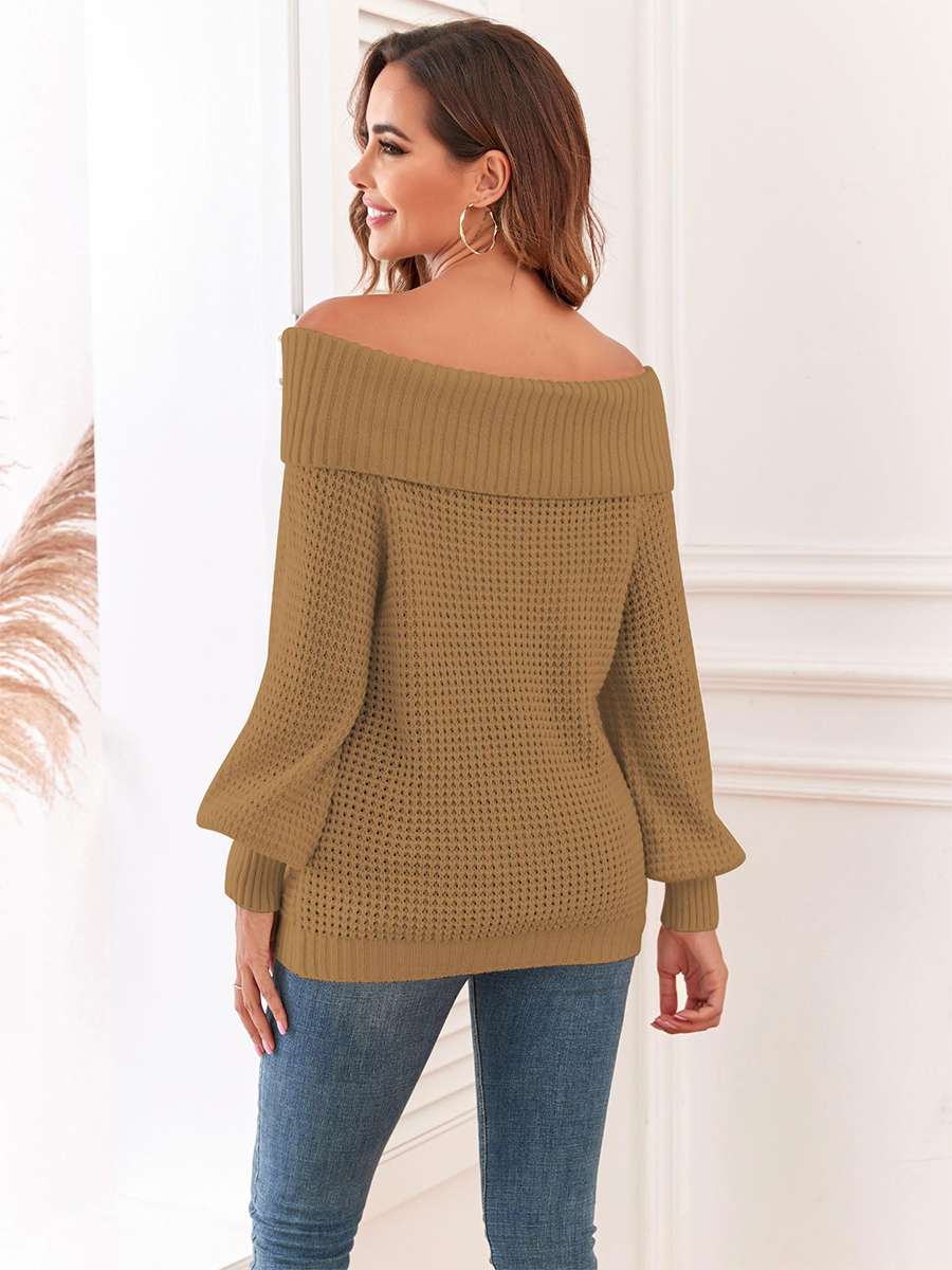 Waffle-Knit-Off-Shoulder-Sweater-Brown-2