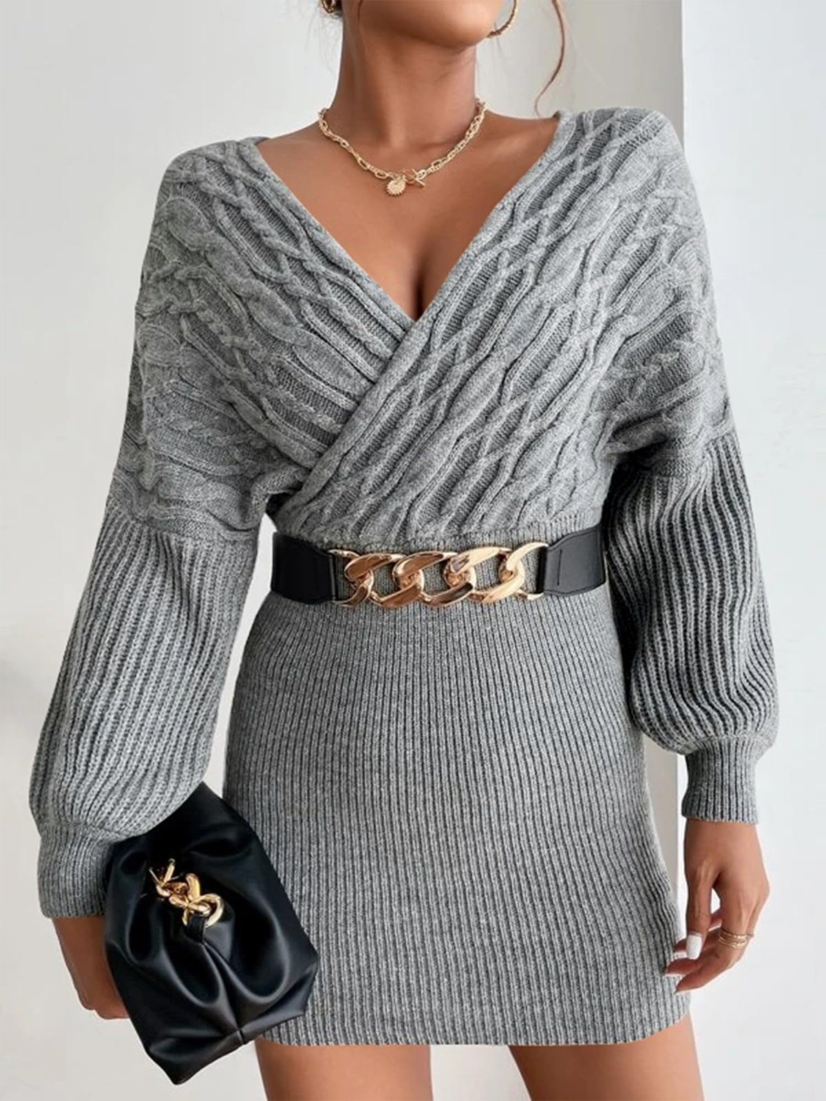 Pleated-Casual-Batwing-Sleeve-Dress-Grey-3