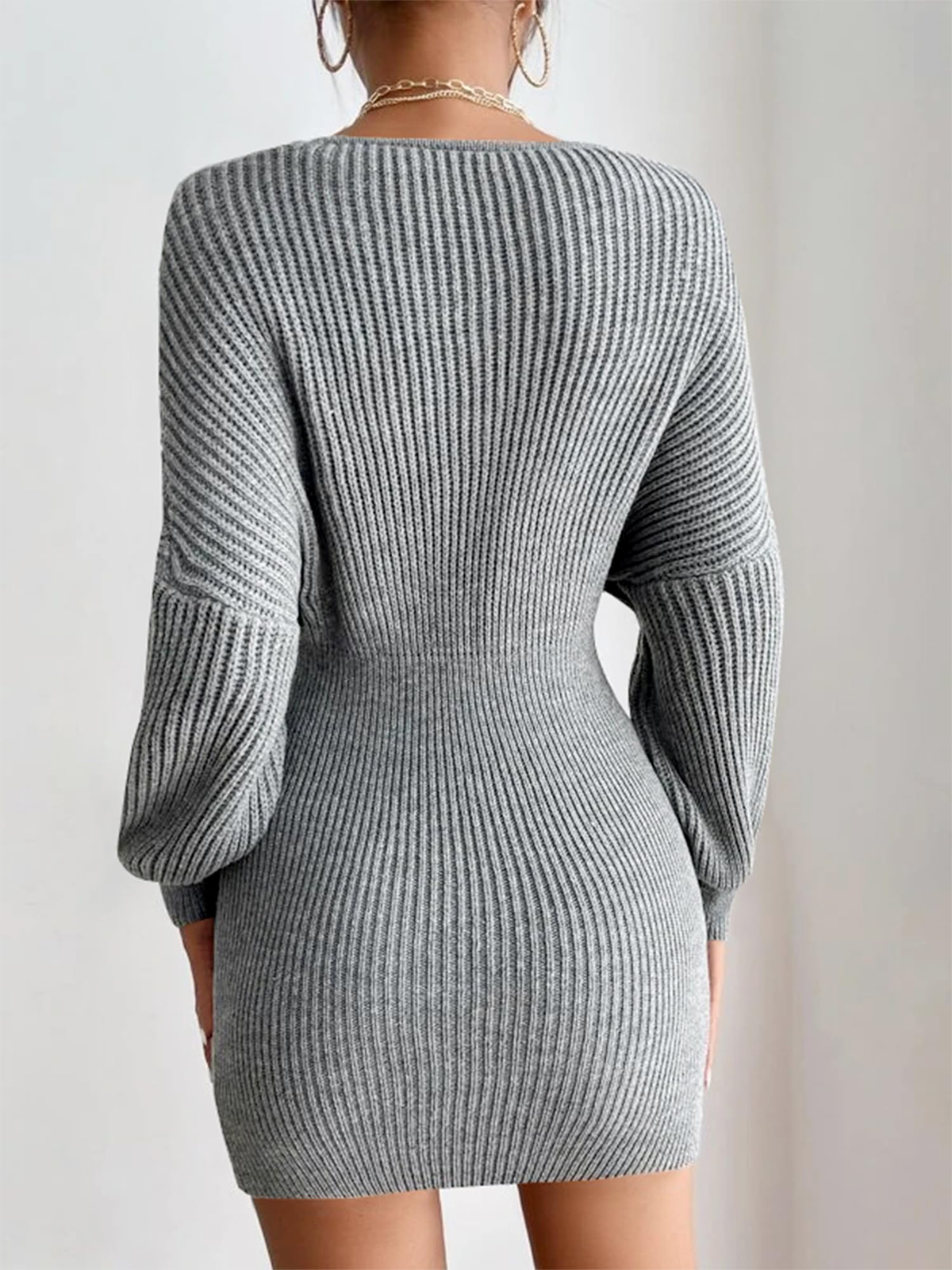 Pleated-Casual-Batwing-Sleeve-Dress-Grey-2