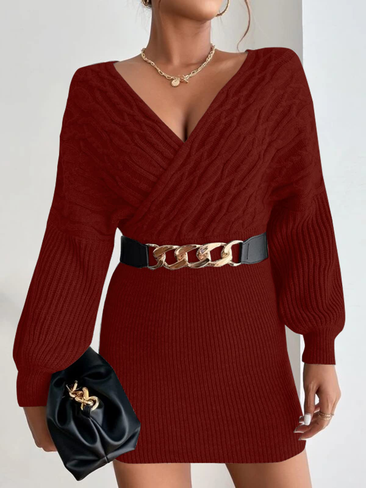 Pleated-Casual-Batwing-Sleeve-Dress-Red-3