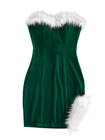 Faux-Fur-Strapless-Red-Santa-Dress-Green-3