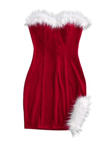 Faux-Fur-Strapless-Red-Santa-Dress-Fuchsia-3
