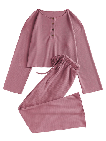 Waffle Knit Casual Long Sleeve Pajama Set
