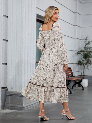 ZAFUL Women's 2025 Long Sleeve Square Neck Fall Boho Floral Midi Dress High Waist Flowy A Line Tiered Wedding Guest Dresses