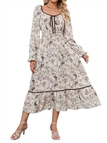 ZAFUL Women's 2025 Long Sleeve Square Neck Fall Boho Floral Midi Dress High Waist Flowy A Line Tiered Wedding Guest Dresses