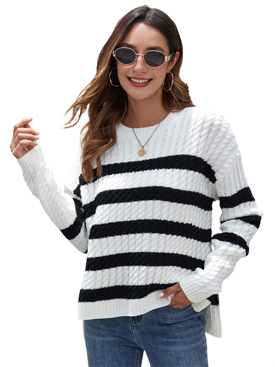 ZAFUL Women's Striped Sweaters Casual Crew Neck Long Sleeve Pullover Oversized Cable Knit Loose Jumper Tops