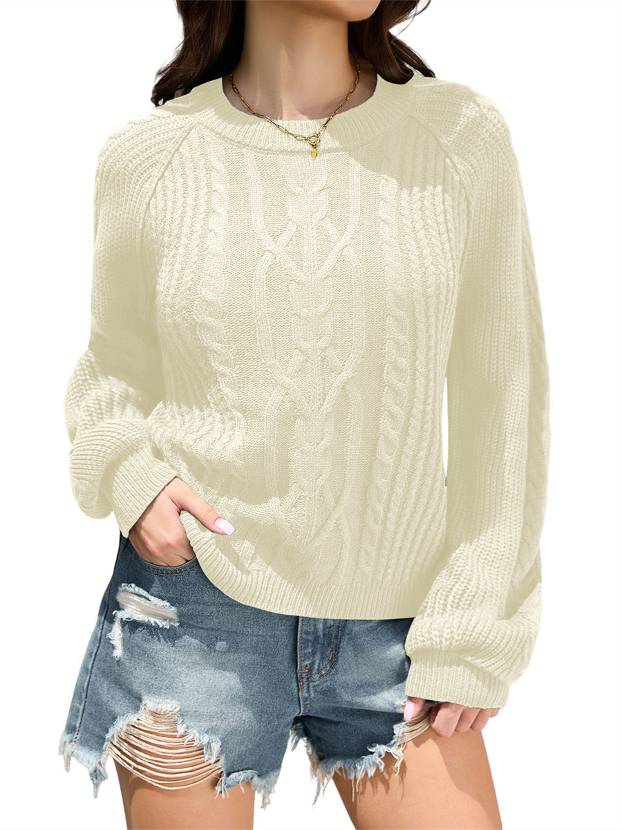 ZAFUL Women's Cable Knit Sweater Crewneck Long Lantern Sleeve Pullover-AMZ