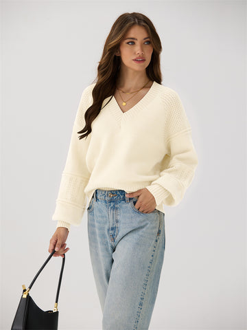 ZAFUL Women's Sweater Fall Trendy Long Sleeve V Neck Loose Casual Tunic Tops