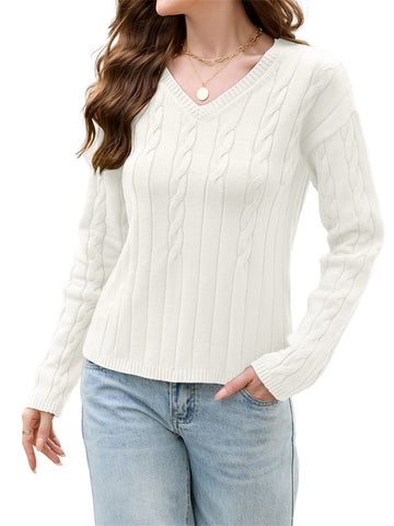 ZAFUL Women's V-Neck Cable Knit Sweater