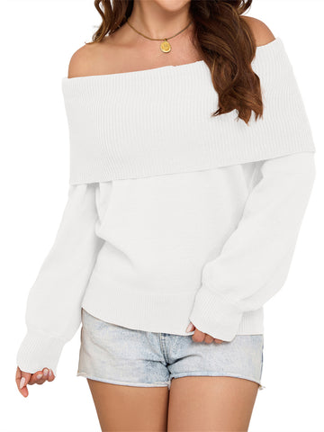 ZAFUL Women's Off Shoulder Sweater Long Lantern Sleeve Casual Knit Pullover