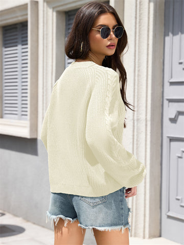 ZAFUL Women's Cable Knit Sweater Crewneck Long Lantern Sleeve Pullover-AMZ