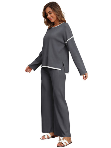 ZAFUL Women 2 Piece Outfits Loose Crewneck Top and Wide Leg Pants Lounge Set Tracksuit