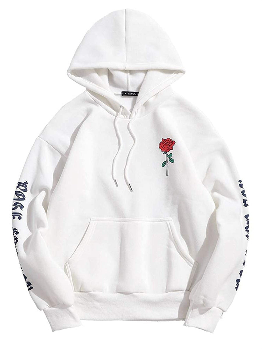 ZAFUL Fleece Hoodie Unisex Rose Letter Print Hooded Pullover Kangaroo Pocket Sweatshirt