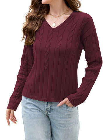 ZAFUL Women's V-Neck Cable Knit Sweater