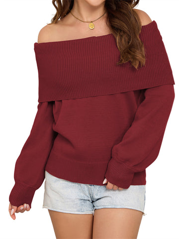 ZAFUL Women's Off Shoulder Sweater Long Lantern Sleeve Casual Knit Pullover