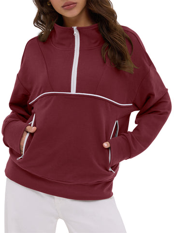 ZAFUL Women's Half Zip Pullover Collared V Neck Pockets Long Sleeve Sweatshirt