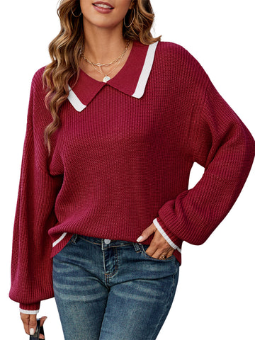 ZAFUL Women's Turn-Down Collar Sweater Pullover Casual Solid Long Sleeve Tops