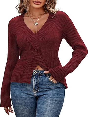 ZAFUL Women's Criss Cross V Neck Sweaters 2024 Dressy Casual Front Slit Ribbed Knit Pullover Sweater Jumper Tops