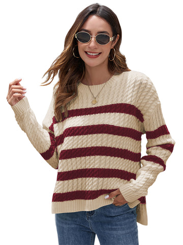 ZAFUL Women's Striped Sweaters Casual Crew Neck Long Sleeve Pullover Oversized Cable Knit Loose Jumper Tops