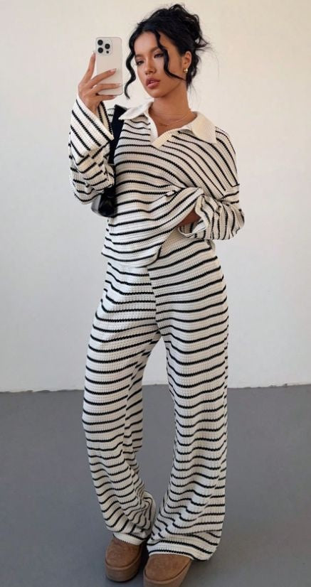 Striped Polo Knit Two-Piece Set