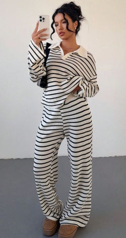 Striped Polo Knit Two-Piece Set