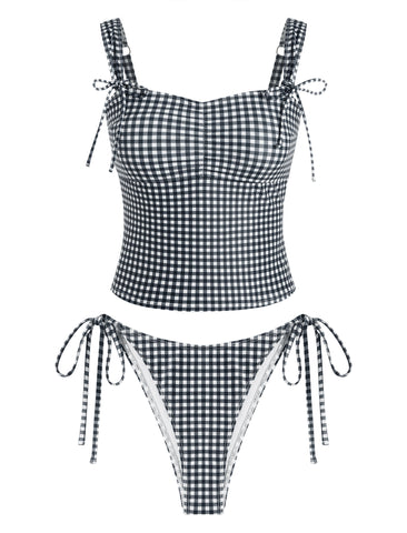 ZAFUL Women's Gingham Ruched Bowknot Decor Cinched Back Tankini Set-AMZ