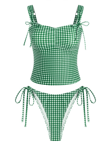 ZAFUL Women's Gingham Ruched Bowknot Decor Cinched Back Tankini Set-AMZ