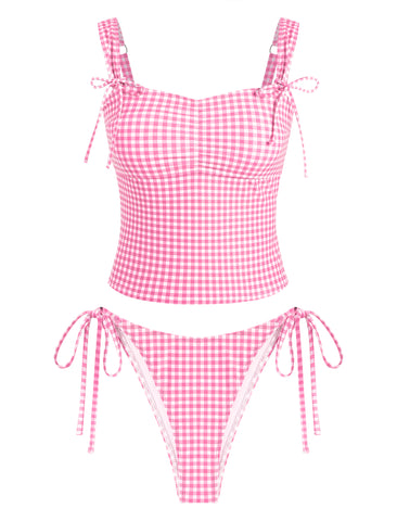 ZAFUL Women's Gingham Ruched Bowknot Decor Cinched Back Tankini Set-AMZ