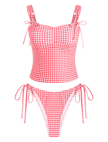ZAFUL Women's Gingham Ruched Bowknot Decor Cinched Back Tankini Set-AMZ