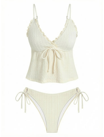 ZAFUL Tankini Swimsuits for Women V Neck Textured Knot Tie Ruffle Trim Bikini Swimsuit Tie Side 2 Pieces Bathing Suit-AMZ