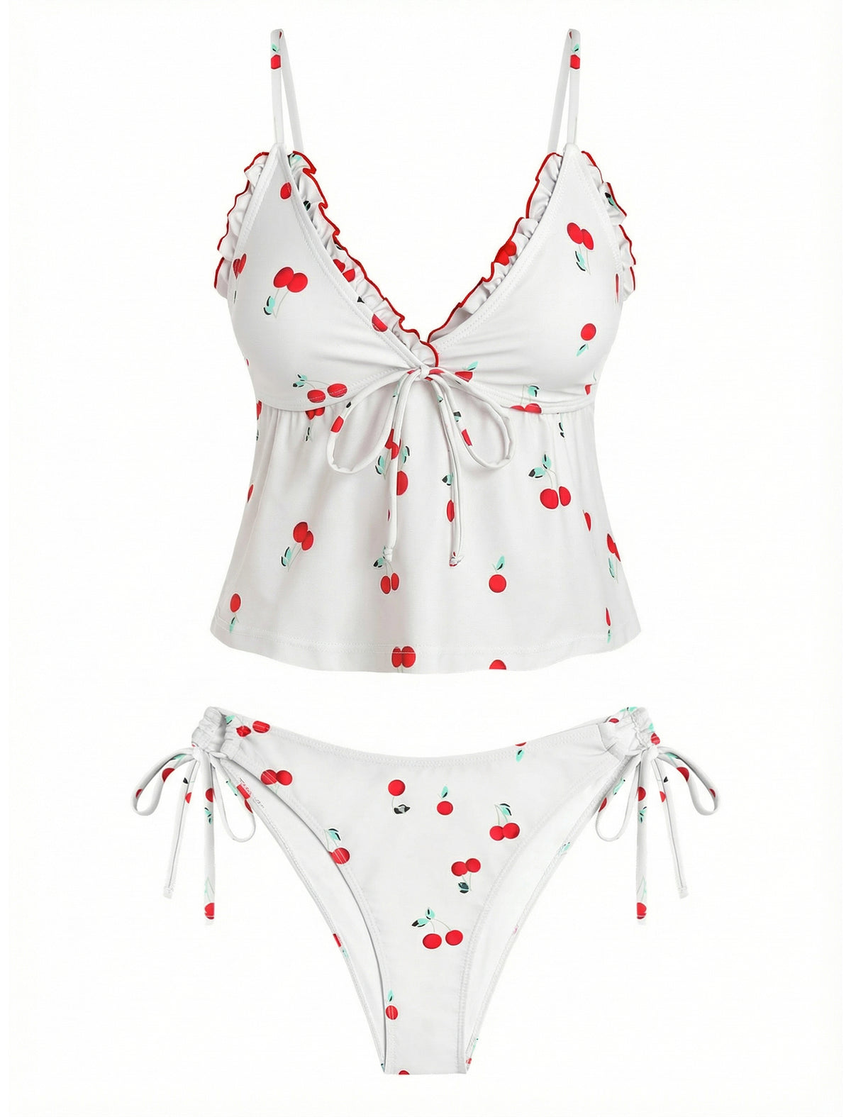 ZAFUL Tankini Swimsuits for Women V Neck Textured Knot Tie Ruffle Trim Bikini Swimsuit Tie Side 2 Pieces Bathing Suit-AMZ