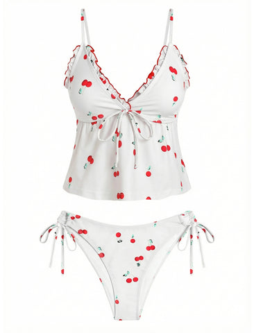 ZAFUL Tankini Swimsuits for Women V Neck Textured Knot Tie Ruffle Trim Bikini Swimsuit Tie Side 2 Pieces Bathing Suit-AMZ