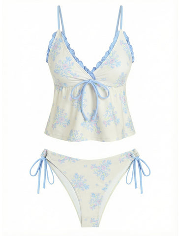 ZAFUL Tankini Swimsuits for Women V Neck Textured Knot Tie Ruffle Trim Bikini Swimsuit Tie Side 2 Pieces Bathing Suit-AMZ