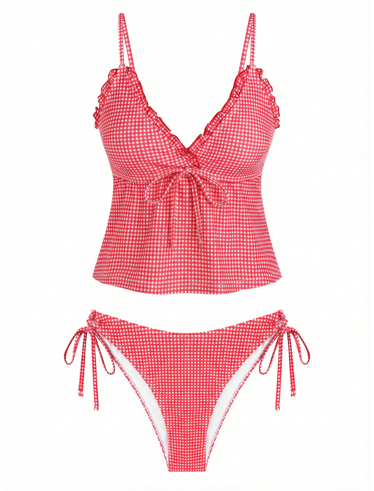 ZAFUL Tankini Swimsuits for Women V Neck Textured Knot Tie Ruffle Trim Bikini Swimsuit Tie Side 2 Pieces Bathing Suit-AMZ