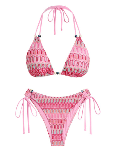 Women's Striped Swimsuit Halter Triangle String Bikini Set Tie Side Two Piece Bathing Suit