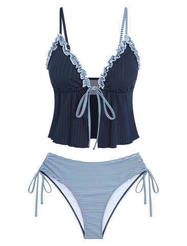 Smocked Ruffles Bowknot Textured Tanga Tankini -AMZ