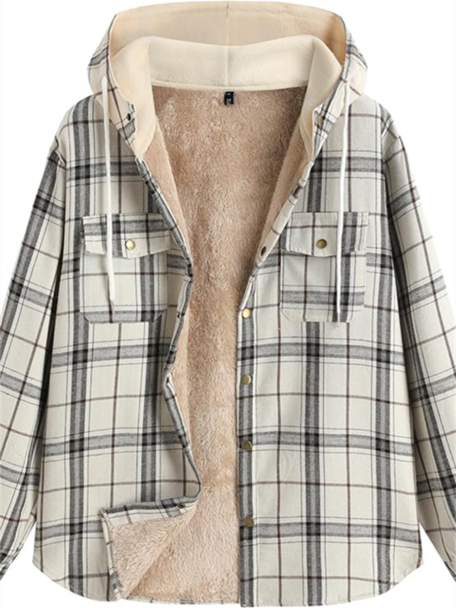 ZAFUL Men's Casual Plaid Fleece Jacket Unisex Men Drawstring Hooded Coat Fuzzy Hoodie