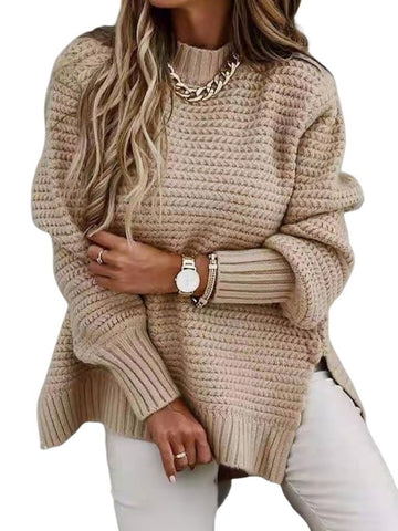Solid Color Long Sleeve Split Hem Sweater