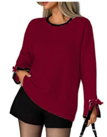 Contrast Color Crew Neck Slit Cuff Pullover