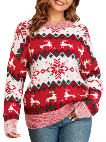 ZAFUL Christmas Sweaters for Women Snowflake Reindeer Long Sleeve Crewneck Oversized Sweater Fuzzy Knitted Pullover Tops