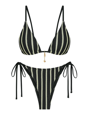 ZAFUL Striped Triangle Knit Cheeky Bikini Two Piece Swimwear Side Tie Bathing Suits