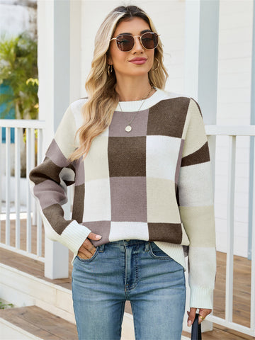 ZAFUL Women's Round Neck Long Sleeve Colorblock Printed Sweater