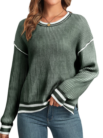 ZAFUL Women's Fall Sweaters Ribbed Knit Striped Color Block Sweater Casual Long Sleeve Crewneck Trendy Pullover Tops