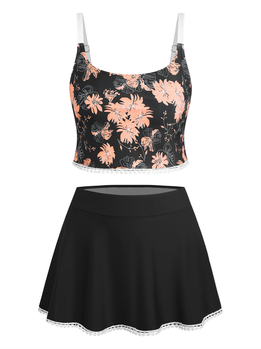 ZAFUL Women's High Waisted Bikini Set Two Piece Swimsuit Scoop Neck Spaghetti Straps Swim Skirt Bathing Suit