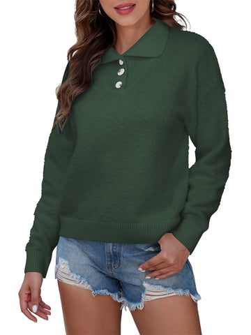 ZAFUL Women's Long Sleeve Button V Neck Collar Sweater Fall Casual Knit Pullover Tops