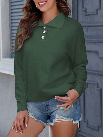 ZAFUL Women's Long Sleeve Button V Neck Collar Sweater Fall Casual Knit Pullover Tops