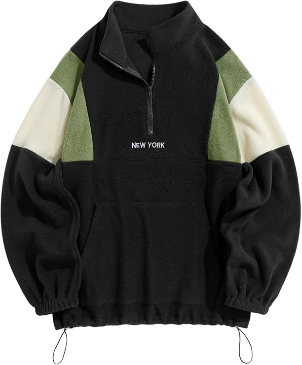 ZAFUL Men's Fluffy Polar Fleece Sweatshirt NEW YORK Embroidery Colorblock Half Zip Unisex Hoodie