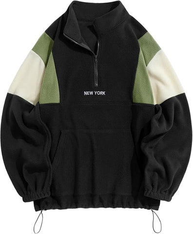 ZAFUL Men's Fluffy Polar Fleece Sweatshirt NEW YORK Embroidery Colorblock Half Zip Unisex Hoodie