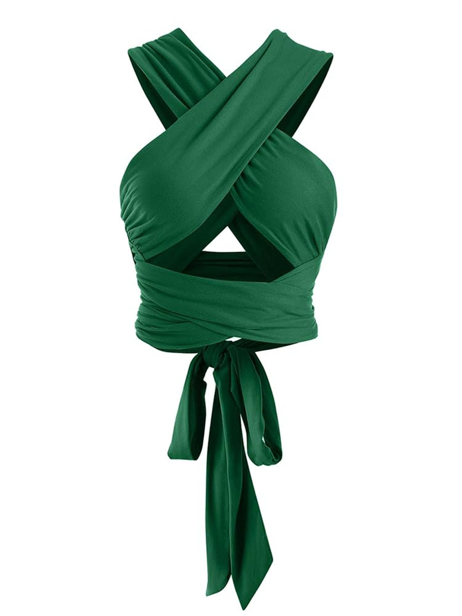 ZAFUL Women's Ribbed Halter Crop Top Ruched Lace-up Cropped Cami Bandana Top Criss Cross Wrap Print Tank Top