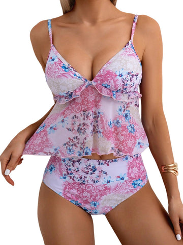 ZAFUL Tankini Swimsuits for Women V Neck Ruffle Floral Tummy Control Bikini Swimsuit 2 Pieces High Cut Bathing Suit-AMZ